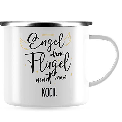 JUNIWORDS Emaille-Tasse, Engel ohne Flügel nennt man Koch, Silberner Tassenrand (5170142) von JUNIWORDS