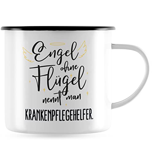 JUNIWORDS Emaille-Tasse, Engel ohne Flügel nennt man Krankenpflegehelfer, Schwarzer Tassenrand (5170970) von JUNIWORDS