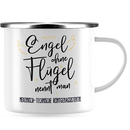 JUNIWORDS Emaille-Tasse, Engel ohne Flügel nennt man Medizinisch-technische Röntgenassistentin, Silberner Tassenrand (5174279) von JUNIWORDS