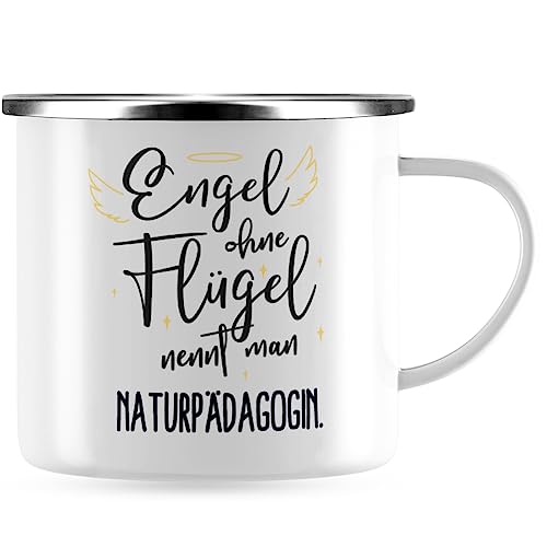 JUNIWORDS Emaille-Tasse, Engel ohne Flügel nennt man Naturpädagogin, Silberner Tassenrand (5176090) von JUNIWORDS