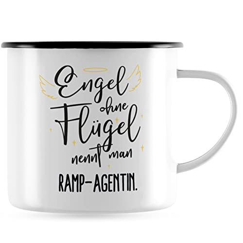 JUNIWORDS Emaille-Tasse, Engel ohne Flügel nennt man Ramp-Agentin, Schwarzer Tassenrand (5179412) von JUNIWORDS