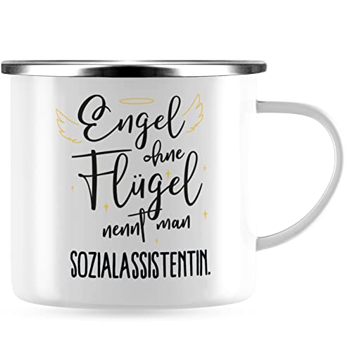 JUNIWORDS Emaille-Tasse, Engel ohne Flügel nennt man Sozialassistentin, Silberner Tassenrand (5183196) von JUNIWORDS