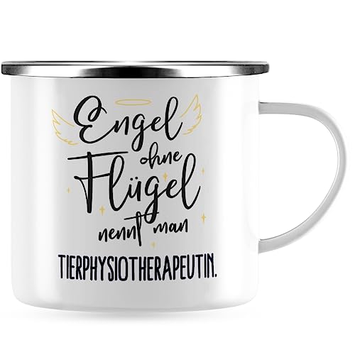 JUNIWORDS Emaille-Tasse, Engel ohne Flügel nennt man Tierphysiotherapeutin, Silberner Tassenrand (5186209) von JUNIWORDS