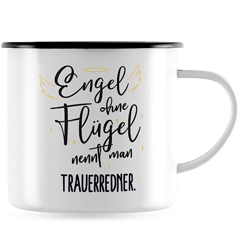 JUNIWORDS Emaille-Tasse, Engel ohne Flügel nennt man Trauerredner, Schwarzer Tassenrand (5186514) von JUNIWORDS