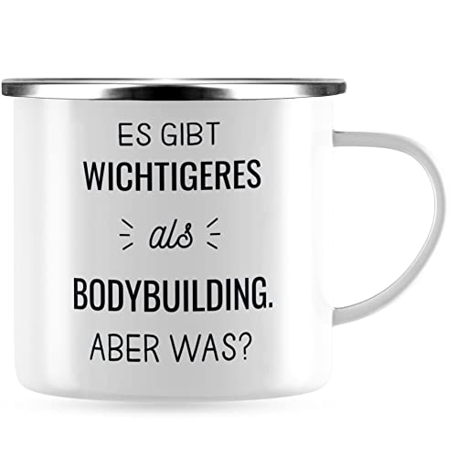 JUNIWORDS Emaille-Tasse, Es gibt wichtigeres als Bodybuilding. Aber was?, Silberner Tassenrand (1009905) von JUNIWORDS