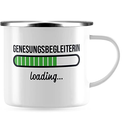 JUNIWORDS Emaille-Tasse, Genesungsbegleiterin loading, Silberner Tassenrand (6197860) von JUNIWORDS