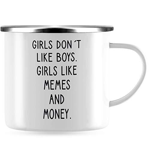 JUNIWORDS Emaille-Tasse, Girls Don't Like Boys. Girls Like Memes and Money, Silberner Tassenrand von JUNIWORDS