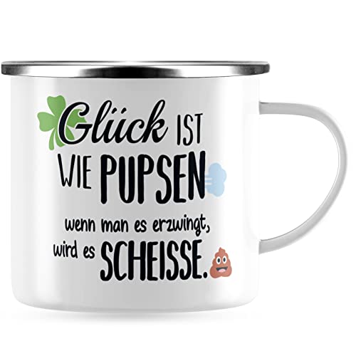 JUNIWORDS Emaille-Tasse, Glück ist wie pupsen, wenn man es erzwingt, wird es Scheiße, Silberner Tassenrand (1005408) von JUNIWORDS