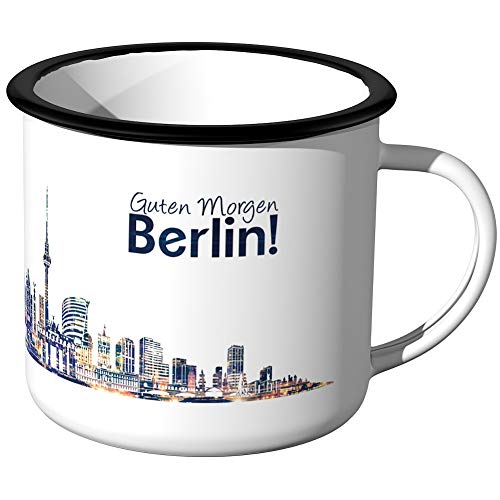 JUNIWORDS Emaille-Tasse, Guten Morgen Berlin, Skyline Nachtlichter, Silberner Tassenrand von JUNIWORDS