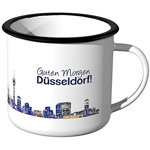 JUNIWORDS Emaille-Tasse, Guten Morgen Düsseldorf, Skyline Nachtlichter, Silberner Tassenrand von JUNIWORDS