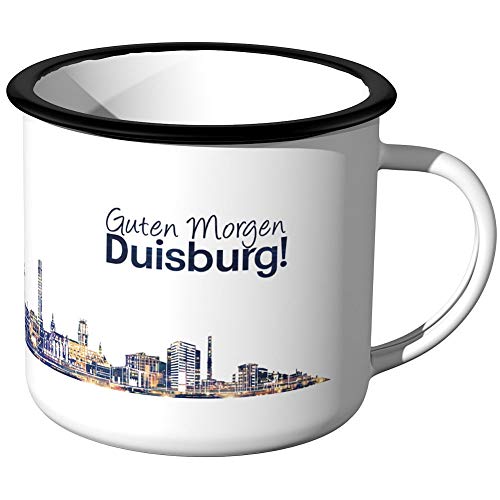 JUNIWORDS Emaille-Tasse, Guten Morgen Duisburg, Skyline Nachtlichter, Schwarzer Tassenrand von JUNIWORDS
