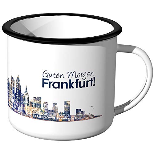 JUNIWORDS Emaille-Tasse, Guten Morgen Frankfurt, Skyline Nachtlichter, Schwarzer Tassenrand von JUNIWORDS