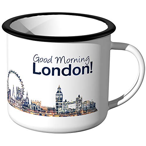 JUNIWORDS Emaille-Tasse, Guten Morgen London, Skyline Nachtlichter, Schwarzer Tassenrand von JUNIWORDS