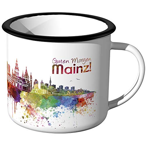 JUNIWORDS Emaille-Tasse, Guten Morgen Mainz, Skyline Aquarell, Schwarzer Tassenrand von JUNIWORDS