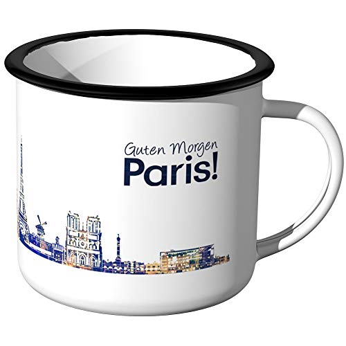 JUNIWORDS Emaille-Tasse, Guten Morgen Paris, Skyline Nachtlichter, Schwarzer Tassenrand von JUNIWORDS