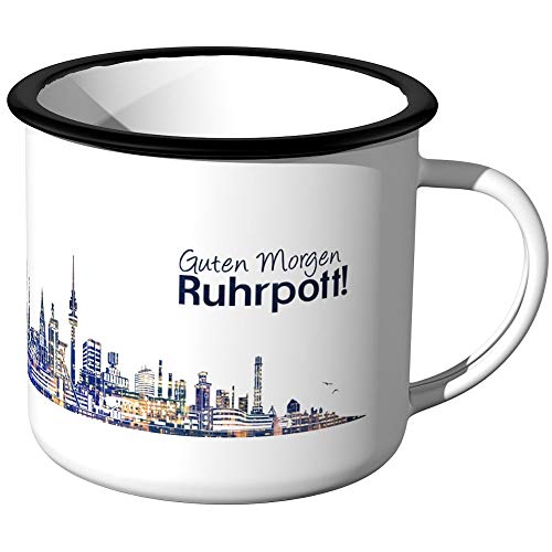 JUNIWORDS Emaille-Tasse, Guten Morgen Ruhrpott, Skyline Nachtlichter, Schwarzer Tassenrand von JUNIWORDS