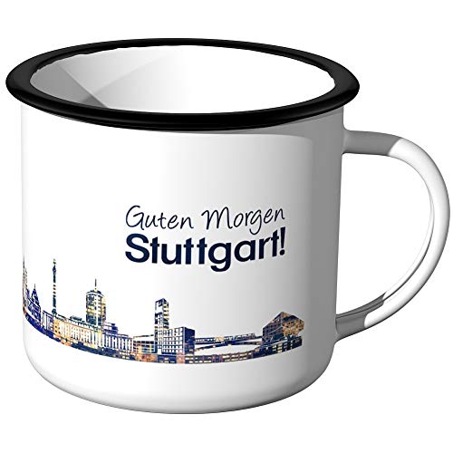 JUNIWORDS Emaille-Tasse, Guten Morgen Stuttgart, Skyline Nachtlichter, Schwarzer Tassenrand von JUNIWORDS