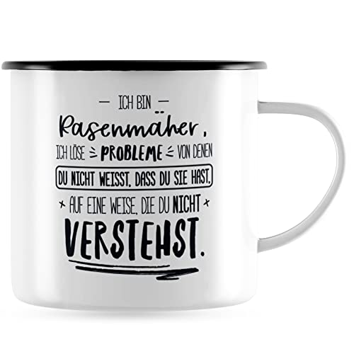 JUNIWORDS Emaille-Tasse, Ich Bin Rasenmäher, ich löse Probleme, von denen du Nicht weißt, DASS Sie hast, Weise, Nicht verstehst, Schwarz (5002435) von JUNIWORDS