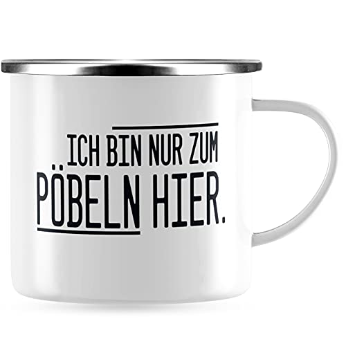 JUNIWORDS Emaille-Tasse, Ich Bin nur zum Pöbeln Hier, Silberner Tassenrand von JUNIWORDS