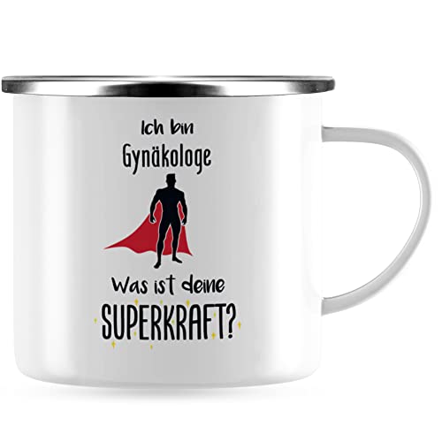 JUNIWORDS Emaille-Tasse, Ich bin Gynäkologe. Was ist deine Superkraft?, Silberner Tassenrand (5931720) von JUNIWORDS