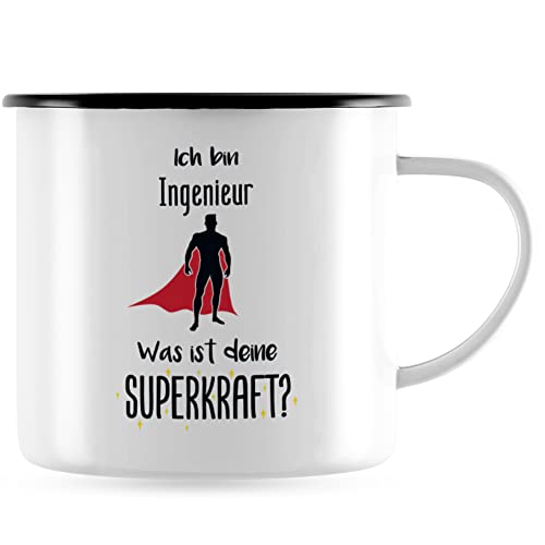 JUNIWORDS Emaille-Tasse, Ich bin Ingenieur. Was ist deine Superkraft?, Schwarzer Tassenrand (5933599) von JUNIWORDS