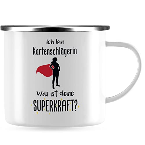 JUNIWORDS Emaille-Tasse, Ich bin Kartenschlägerin. Was ist deine Superkraft?, Silberner Tassenrand (5934856) von JUNIWORDS