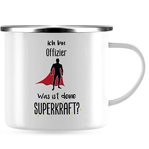 JUNIWORDS Emaille-Tasse, Ich bin Offizier. Was ist deine Superkraft?, Silberner Tassenrand (5942394) von JUNIWORDS