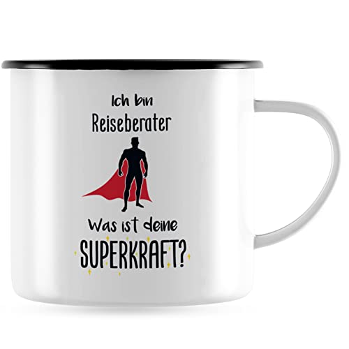 JUNIWORDS Emaille-Tasse, Ich bin Reiseberater. Was ist deine Superkraft?, Schwarzer Tassenrand (5945625) von JUNIWORDS