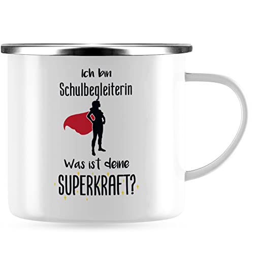 JUNIWORDS Emaille-Tasse, Ich bin Schulbegleiterin. Was ist deine Superkraft?, Silberner Tassenrand (5947918) von JUNIWORDS