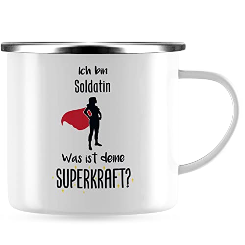JUNIWORDS Emaille-Tasse, Ich bin Soldatin. Was ist deine Superkraft?, Silberner Tassenrand (5948810) von JUNIWORDS