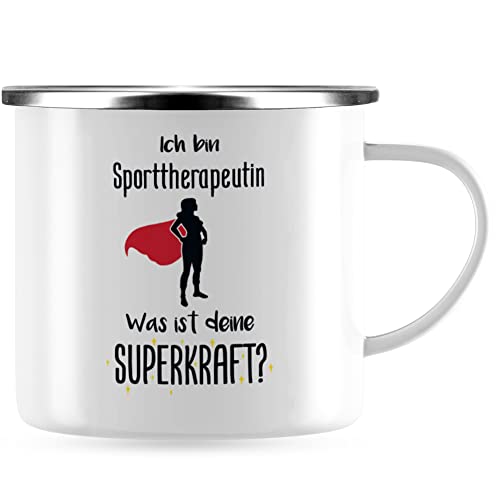 JUNIWORDS Emaille-Tasse, Ich bin Sporttherapeutin. Was ist deine Superkraft?, Silberner Tassenrand (5949374) von JUNIWORDS