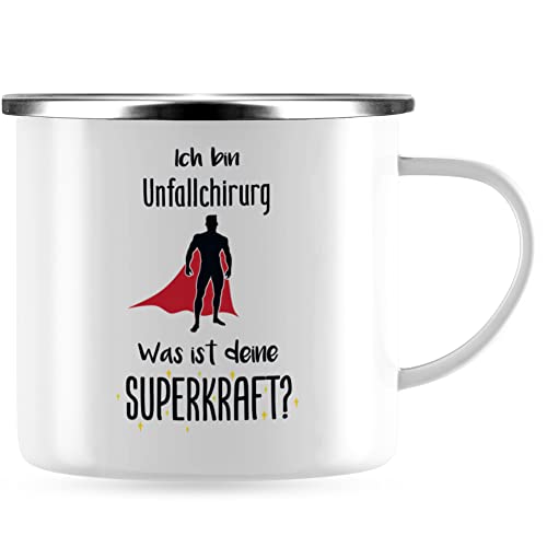 JUNIWORDS Emaille-Tasse, Ich bin Unfallchirurg. Was ist deine Superkraft?, Silberner Tassenrand (5952720) von JUNIWORDS