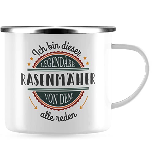 JUNIWORDS Emaille-Tasse, Ich bin dieser legendäre Rasenmäher, von dem alle reden, Silberner Tassenrand (5064792) von JUNIWORDS