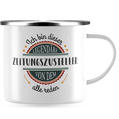 JUNIWORDS Emaille-Tasse, Ich bin dieser legendäre Zeitungszusteller, von dem alle reden, Silberner Tassenrand (5075415) von JUNIWORDS