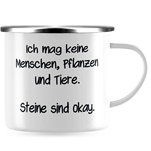 JUNIWORDS Emaille-Tasse, Ich mag Keine Menschen, Pflanzen und Tiere. Steine sind okay, Silberner Tassenrand (1008577) von JUNIWORDS