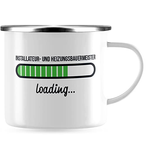 JUNIWORDS Emaille-Tasse, Installateur- und Heizungsbauermeister loading, Silberner Tassenrand (6201217) von JUNIWORDS