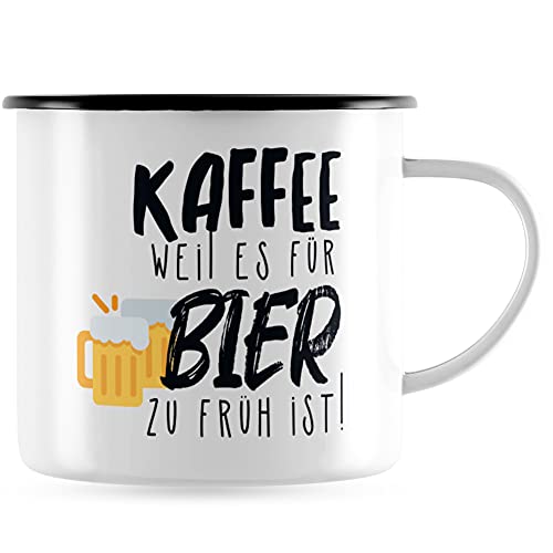 JUNIWORDS Emaille-Tasse, Kaffee Weil es für Bier zu früh ist!, Schwarzer Tassenrand von JUNIWORDS