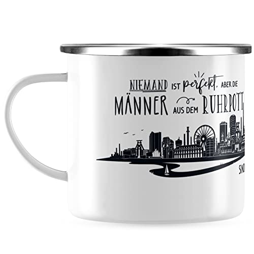 JUNIWORDS Emaille-Tasse, Niemand ist perfekt, aber die Männer aus Ruhrpott sind verdammt nah dran, Silberner Tassenrand (1006876) von JUNIWORDS