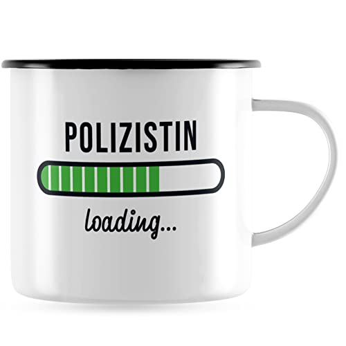 JUNIWORDS Emaille-Tasse, Polizistin Loading, Schwarzer Tassenrand von JUNIWORDS