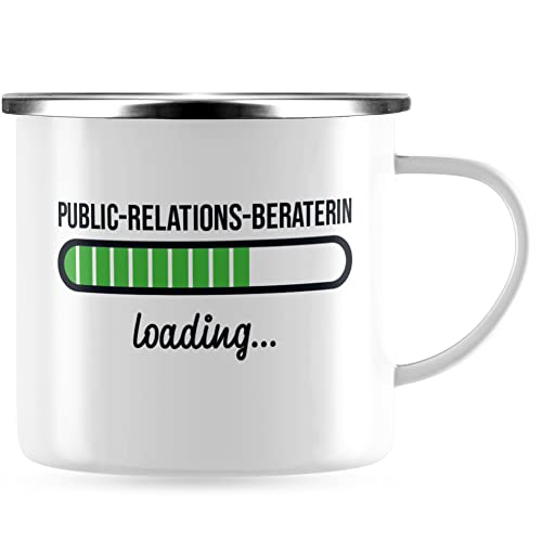 JUNIWORDS Emaille-Tasse, Public-Relations-Beraterin loading, Silberner Tassenrand (6212311) von JUNIWORDS