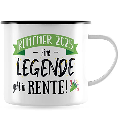 JUNIWORDS Emaille-Tasse, Rentner 2025 Eine Legende geht in Rente!, Schwarzer Tassenrand (1008167) von JUNIWORDS