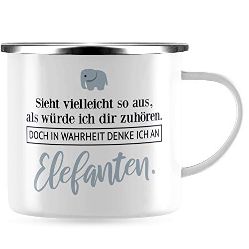 JUNIWORDS Emaille-Tasse, Sieht vielleicht so aus, als würde ich dir zuhören. Doch in Wahrheit denke ich an Elefanten (1001424), Silberner Tassenrand von JUNIWORDS
