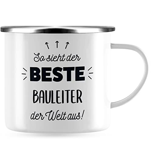 JUNIWORDS Emaille-Tasse, So sieht der beste Bauleiter der Welt aus!, Silberner Tassenrand (5844359) von JUNIWORDS