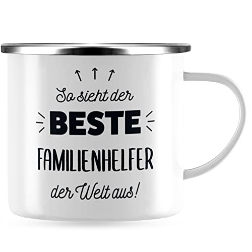 JUNIWORDS Emaille-Tasse, So sieht der beste Familienhelfer der Welt aus!, Silberner Tassenrand (5850955) von JUNIWORDS