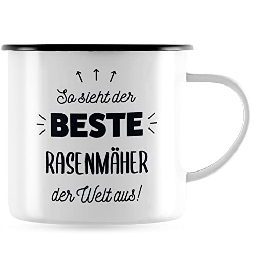 JUNIWORDS Emaille-Tasse, So sieht der beste Rasenmäher der Welt aus!, Schwarzer Tassenrand (5868719) von JUNIWORDS