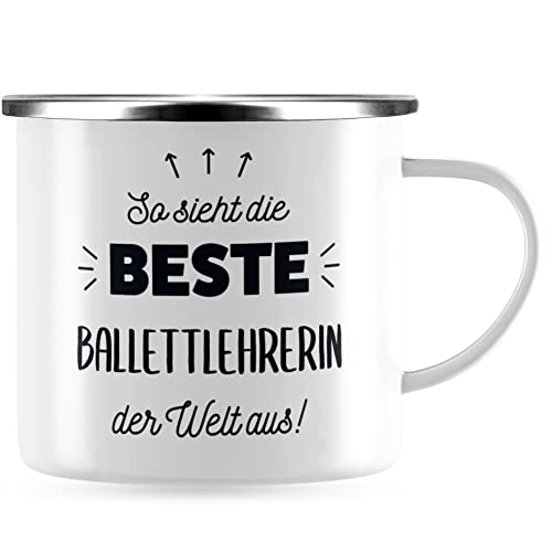 JUNIWORDS Emaille-Tasse, So sieht die beste Ballettlehrerin der Welt aus!, Silberner Tassenrand (5843993) von JUNIWORDS