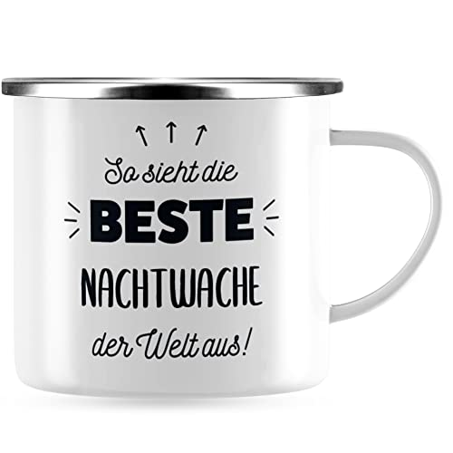 JUNIWORDS Emaille-Tasse, So sieht die beste Nachtwache der Welt aus!, Silberner Tassenrand (5865249) von JUNIWORDS