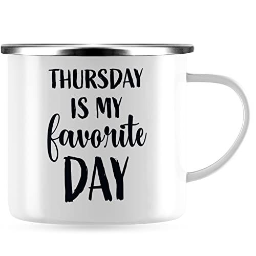 JUNIWORDS Emaille-Tasse, Thursday is my favorite day, Silberner Tassenrand (1009383) von JUNIWORDS