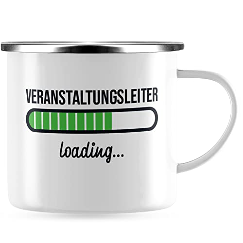 JUNIWORDS Emaille-Tasse, Veranstaltungsleiter loading, Silberner Tassenrand (6220387) von JUNIWORDS