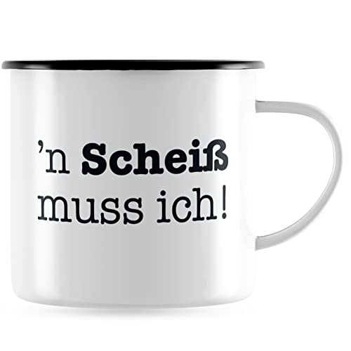 JUNIWORDS Emaille-Tasse, n Scheiß muss ich!, Schwarzer Tassenrand von JUNIWORDS